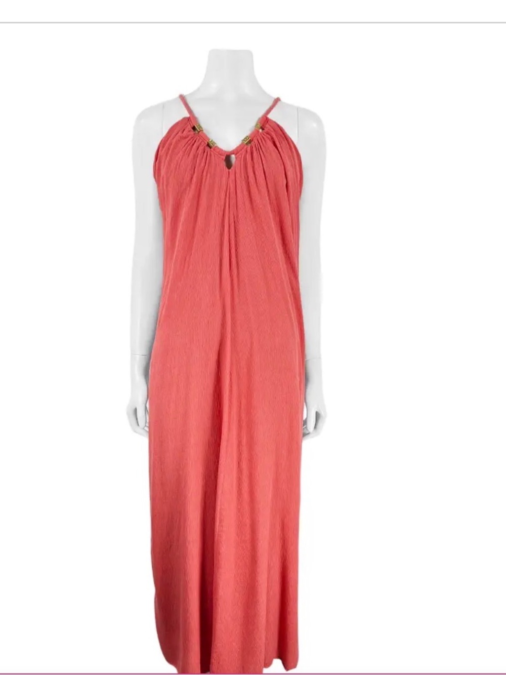 Vix Paule Hermanny Halter Coral Maxi Dress with Gathered Neckline